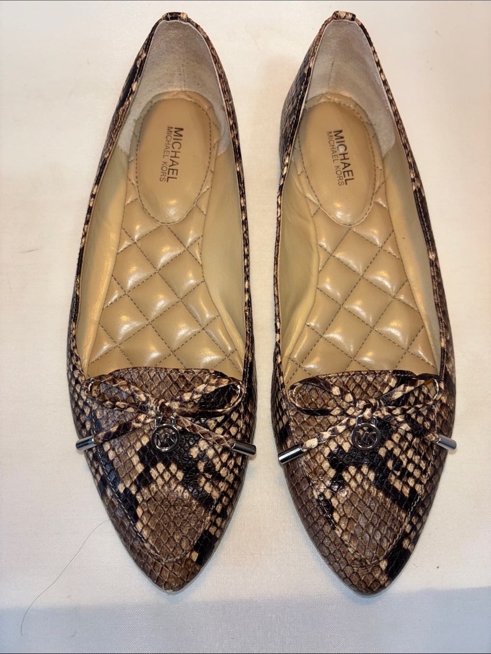 MICHAEL Michael Kors Brown Snake-Print Pointed Toe Flats with Bow